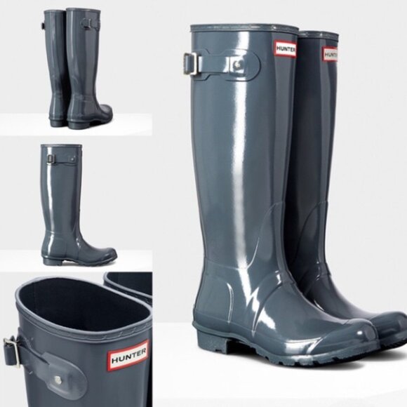 HUNTER I Original Tall Gloss Graphite Blue Grey Welly Rain Boots, US 5 EU 36 - Picture 2 of 16